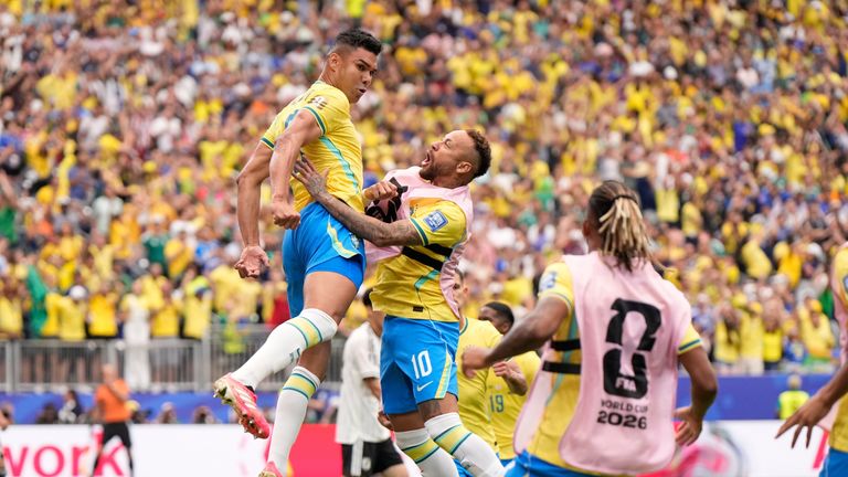 Brazil's Casemiro celebrates after scoring his side's equaliser