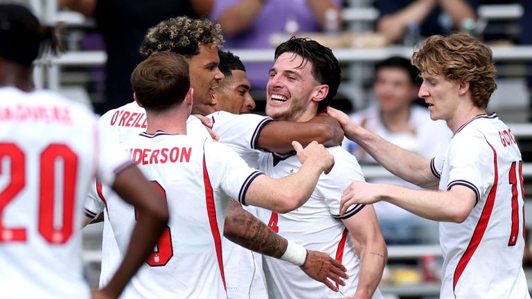 Declan Rice celebrates scoring for England against Costa Rica