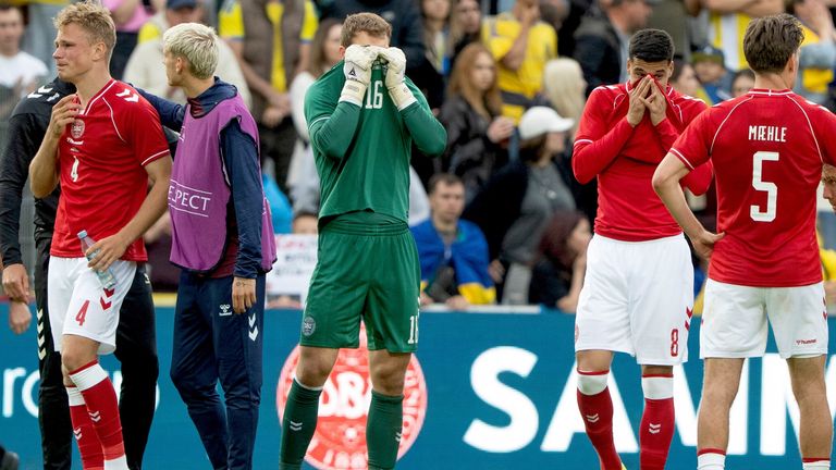 Denmark's Lukas Hoegsberg, Albert Groenbaek, goalkeeper Mads Hermansen, Adam Daghim, Joakim Maehle, and Rasmus Hoejlund react after Denmark's player Christian Eriksen collapses on the field during the international friendly soccer match between Denmark and Ukraine in Odense, Denmark, Sunday, June 7, 2026. (Bo Amstrup/Ritzau Scanpix via AP)