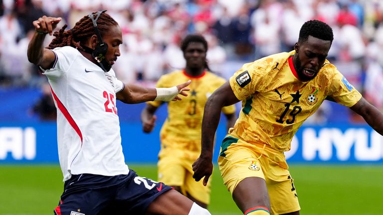 Djed Spence in action for England against Ghana in the 2026 World Cup