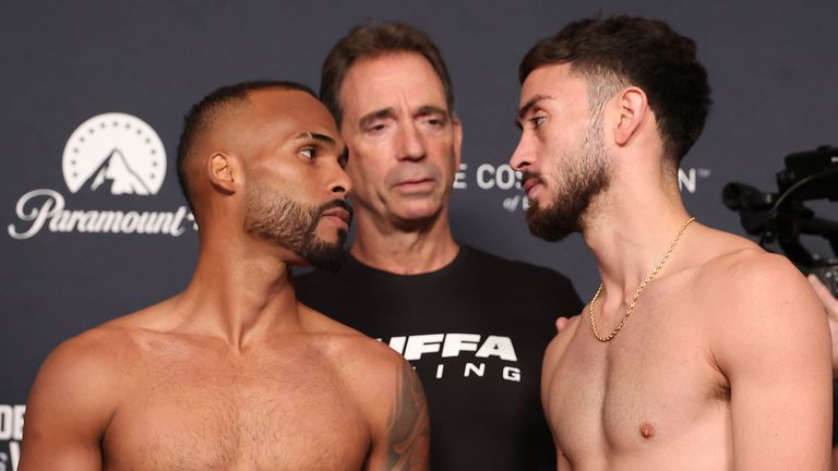 LAS VEGAS, NV - JUNE 27: Edwin De Los Santos and Jose Valenzuela face-off at the official weigh-in for the Zuffa Boxing 08 fight card on June 27, 2026 at New York New York Hotel and Casino in Las Vegas, NV. (Photo by Ed Mulholland/Zuffa Boxing)