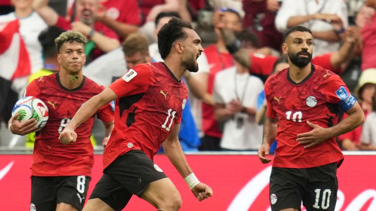 Egypt's Mostafa Zico (11) celebrates after scoring his side's first goal during the World Cup Group G soccer match between New Zealand and Egypt in Vancouver, British Columbia, Sunday, June 21, 2026. (AP Photo/Abbie Parr)
