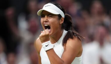 Emma Raducanu reacts during her match against Aryna Sabalenka on day five of the 2025 Wimbledon Championships at the All England Lawn Tennis
