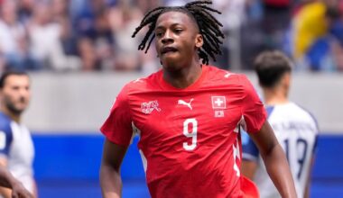 Switzerland's Johan Manzambi celebrates after scoring the opening goal against Bosnia and Herzegovina