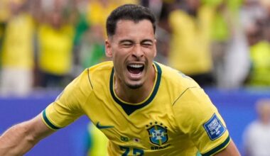 Brazil's Gabriel Martinelli celebrates after scoring the winner against Japan (AP Photo/Ashley Landis)