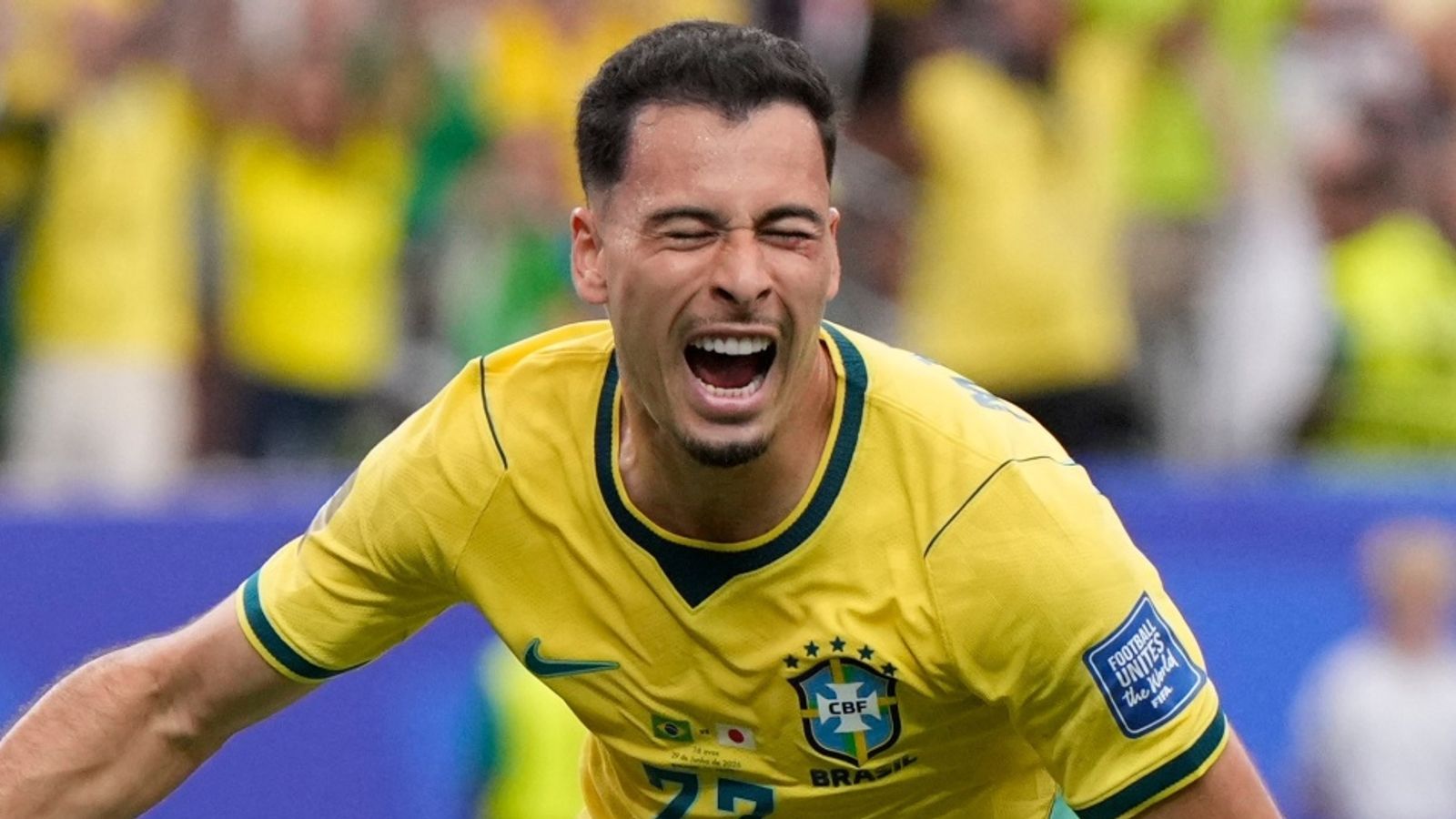 Brazil's Gabriel Martinelli celebrates after scoring the winner against Japan (AP Photo/Ashley Landis)