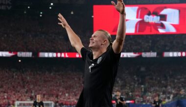 Norway's Erling Haaland celebrates after scoring his side's second goal against Senegal during the World Cup Group I soccer match in East Rutherford, N.J., near New York, Monday, June 22, 2026. (AP Photo/Frank Franklin II)