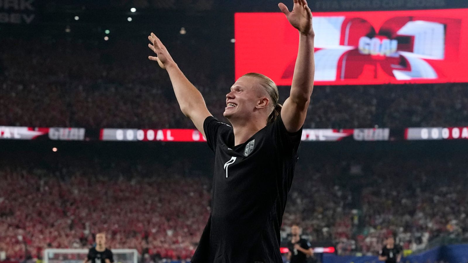 Norway's Erling Haaland celebrates after scoring his side's second goal against Senegal during the World Cup Group I soccer match in East Rutherford, N.J., near New York, Monday, June 22, 2026. (AP Photo/Frank Franklin II)