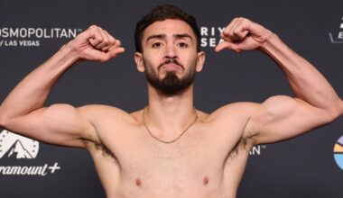 LAS VEGAS, NV - JUNE 27: Jose Valenzuela poses on the scale at the official weigh-in for the Zuffa Boxing 08 fight card on June 27, 2026 at New York New York Hotel and Casino in Las Vegas, NV.  (Photo by Ed Mulholland/Zuffa Boxing)