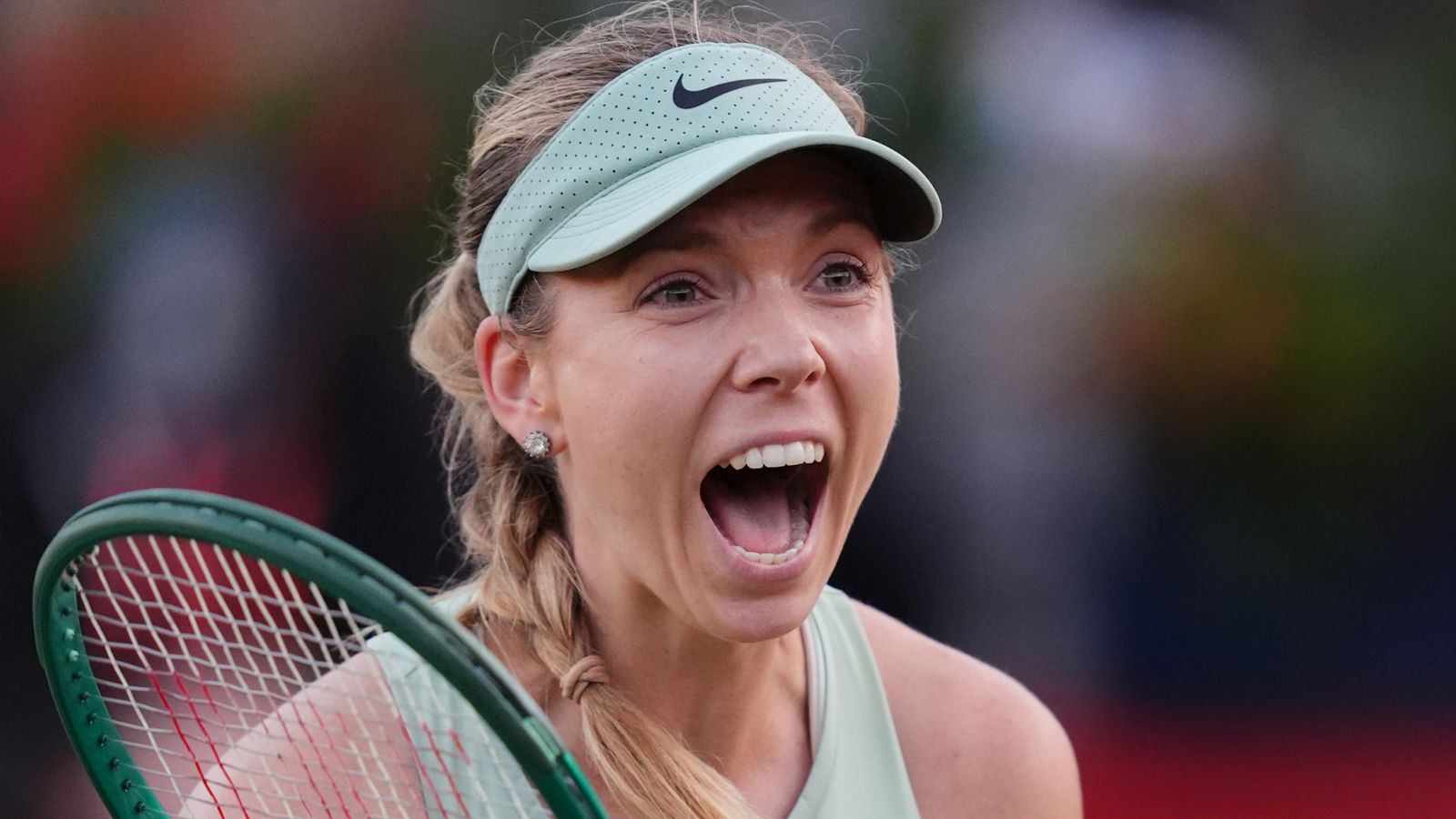 Katie Boulter of Great Britain celebrates after winning against Elena Rybakina of Kazakhstan during day five of the HSBC Championships at Th