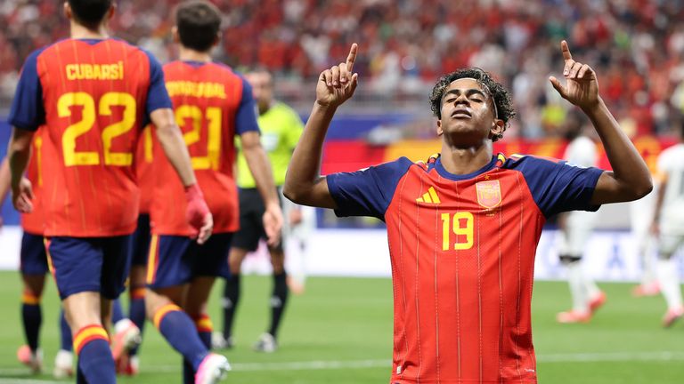 Lamine Yamal celebrates scoring Spain's first goal
