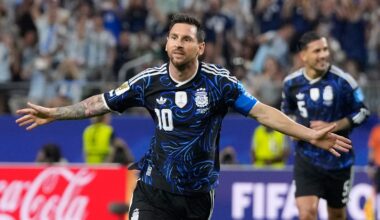 Argentina's Lionel Messi celebrates scoring during the World Cup Group J match against Jordan in Dallas
