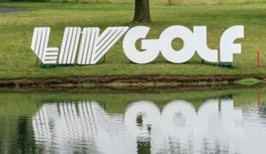 SUGAR GROVE, IL - SEPTEMBER 23: A wide shot of a video board and the LIV Golf logo at hole 16 of Rich Harvest Farms during the Chicago stop of the LIV Golf tournament on September 22, 2023, at Rich Harvest Farms in Sugar Grove, IL (Photo by Ben Hsu/Icon Sportswire) (Icon Sportswire via AP Images)