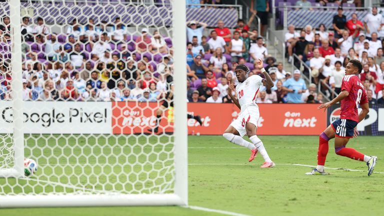 England's Noni Madueke hits the post with the goal gaping against Costa Rica