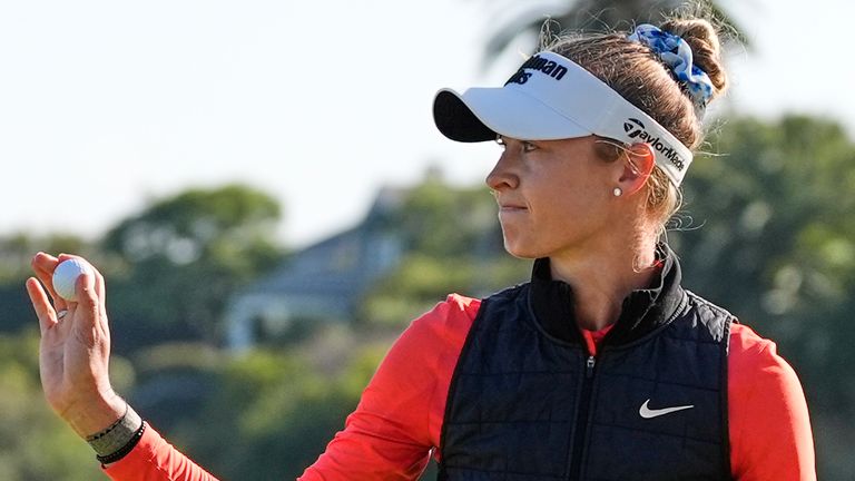 Nelly Korda waves on the 18th green during the third round of the US Women's Open (AP Photo/Ashley Landis)