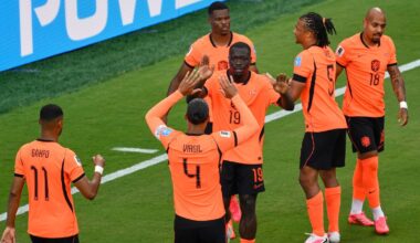Netherlands' Brian Brobbey (19) celebrates their second goal with Virgil van Dijk (4) and teammates during the World Cup Group F soccer match between Tunisia and the Netherlands in Kansas City, Mo., Thursday, June 25, 2026. (AP Photo/Reed Hoffmann)