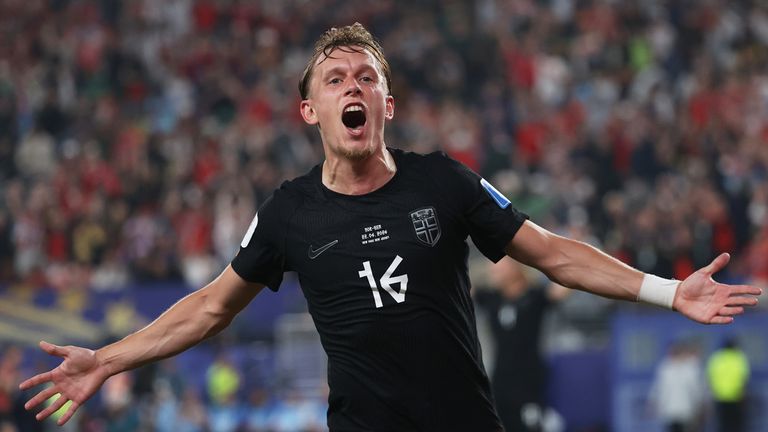 Norway's Marcus Holmgren Pedersen celebrates scoring his side's opening goal against Senegal during the World Cup Group I soccer match in East Rutherford, N.J., near New York, Monday, June 22, 2026. (AP Photo/Pamela Smith)