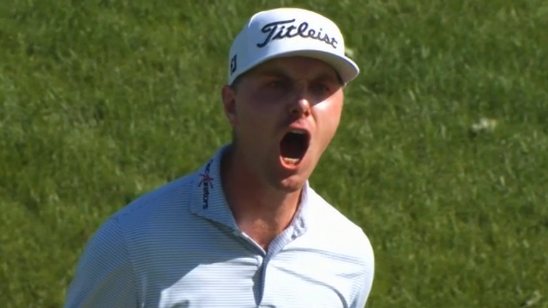 Ryan Gerard celebrates a huge putt on the 17th which saw him move into the lead at The Memorial