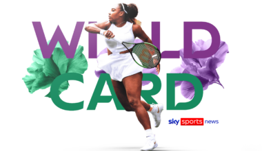 Serena Williams plays forehand shot in Wimbledon graphic