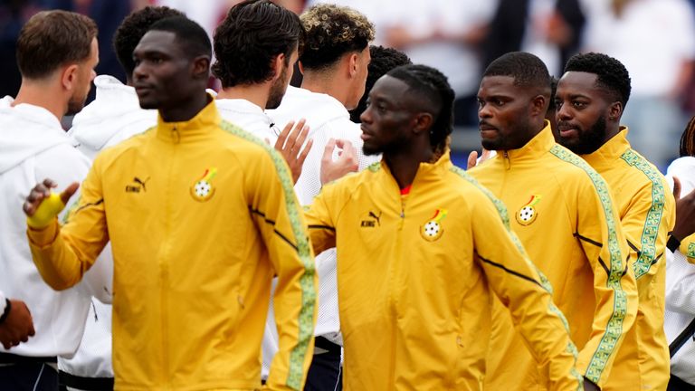 Thomas Partey and Ghana team-mates greet opponents England ahead of their World Cup match
