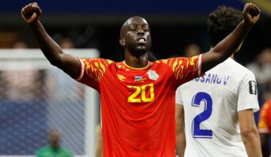 Congo's Yoane Wissa (20) celebrates a win during the World Cup Group K soccer match between DR Congo and Uzbekistan in Atlanta, Saturday, June 27, 2026. (AP Photo/Erik S. Lesser)
