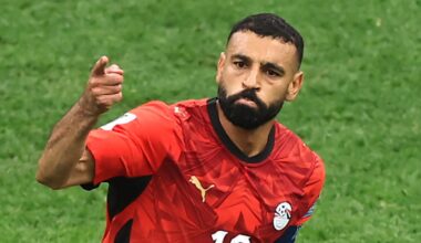 Mohamed Salah celebrates after scoring for Egypt in their win against New Zealand