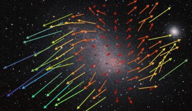 The arrows in this image show the proper motions of millions of stars in the Small Magellanic Cloud, one of the Milky Way's satellite galaxies. Stars are moving away from the dwarf galaxy's center, a clear sign that it's expanding. The culprit is its more massive neighbour and fellow satellite galaxy, the Large Magellanic Cloud. Image Credit: ESO/VISTA VMC/ AIP/ S. Vijayasree