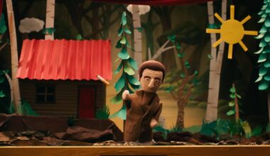 A puppet man in a paper forest throws a cigarette. Caption reads, Bye, bye cigarette!
