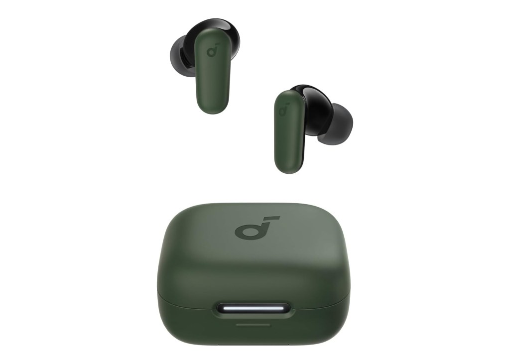 A pair of dark green Soundcore earbuds with a matching charging case.