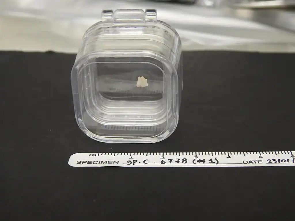 Small calcite sample in transparent container on black surface.