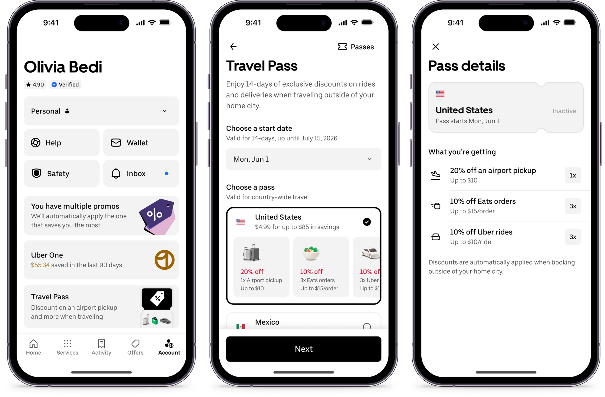 Three smartphone screens display a travel pass feature in a ride-sharing app. The first screen shows a user profile with options like Help, Wallet, Safety, and Inbox, along with promo and travel pass information. The second screen allows selection of a travel pass for the United States, offering discounts on airport pickups, Eats orders, and rides. The third screen details the selected pass, listing specific discounts and usage limits for airport pickups, Eats orders, and Uber rides.