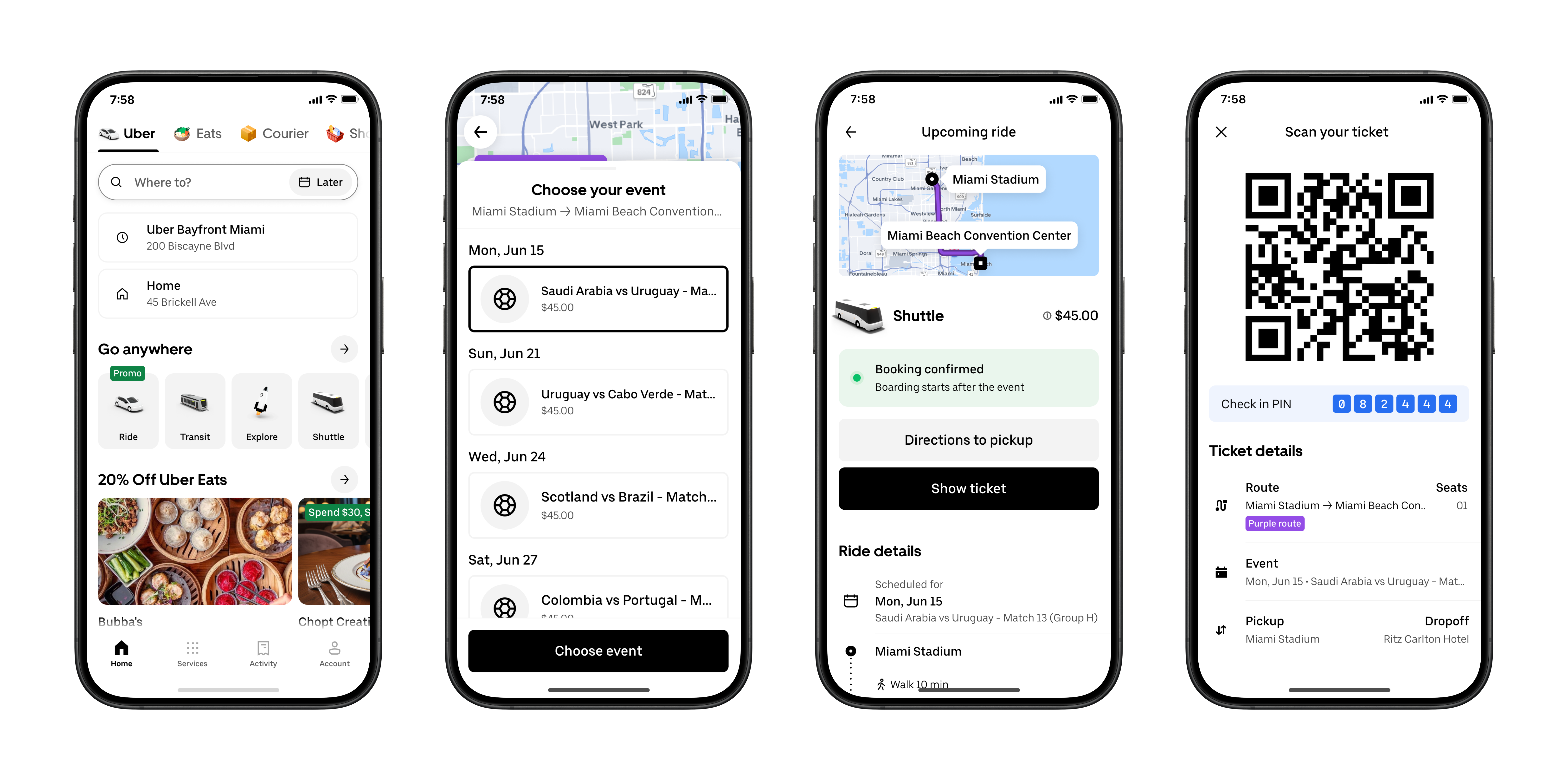Four smartphone screens display an app interface for booking and managing shuttle rides to events. The first screen shows a home page with ride options and promotions. The second screen lists upcoming sports events to choose from. The third screen confirms a shuttle booking with route details and a map. The fourth screen presents a QR code ticket and ride details for scanning upon boarding.
