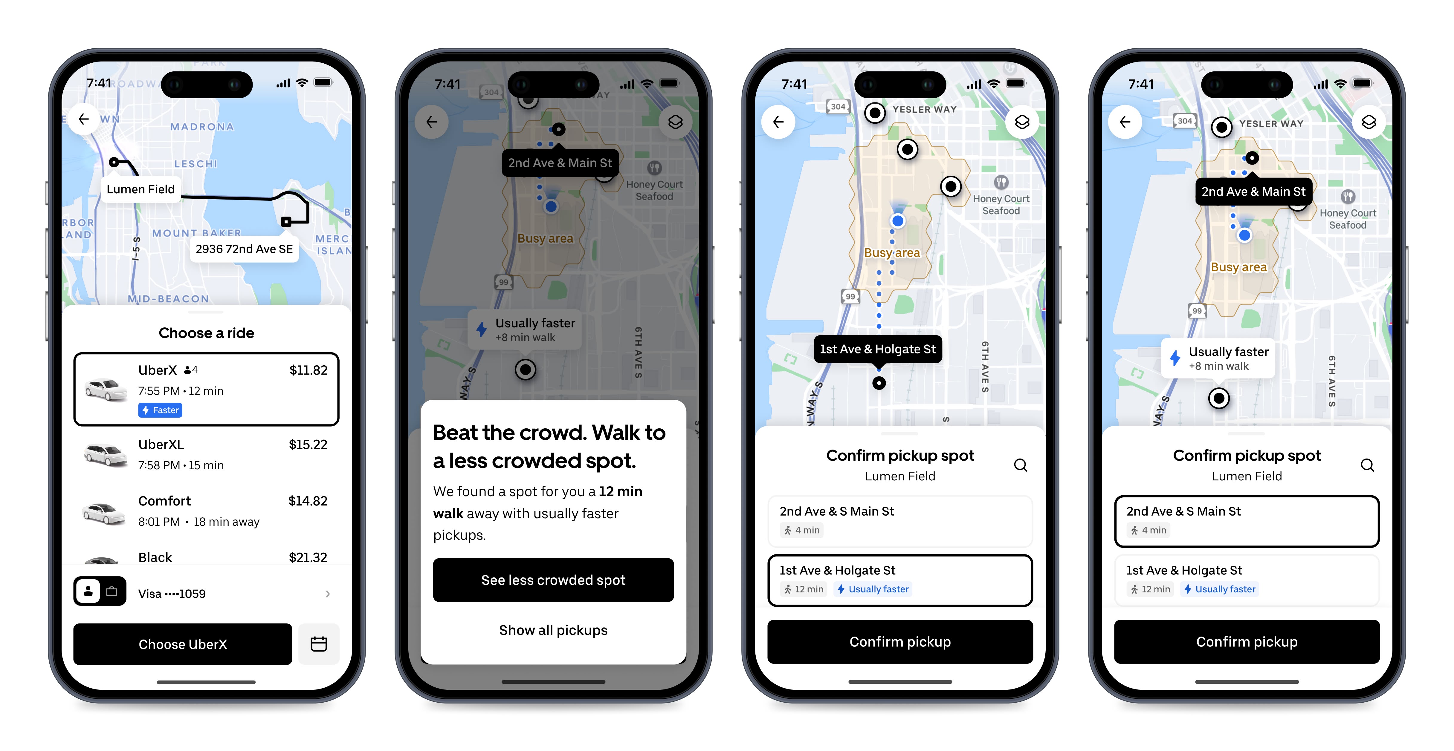 Four smartphone screens display the Uber app interface, showing a ride selection process with map routes, ride options with prices and estimated times, and suggestions for less crowded pickup spots with walking times to each location.