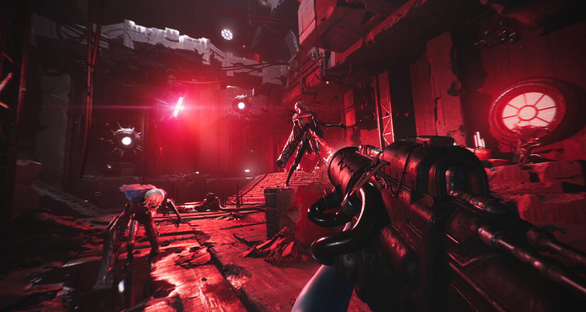 A gun is pointed at red-glowing enemies.
