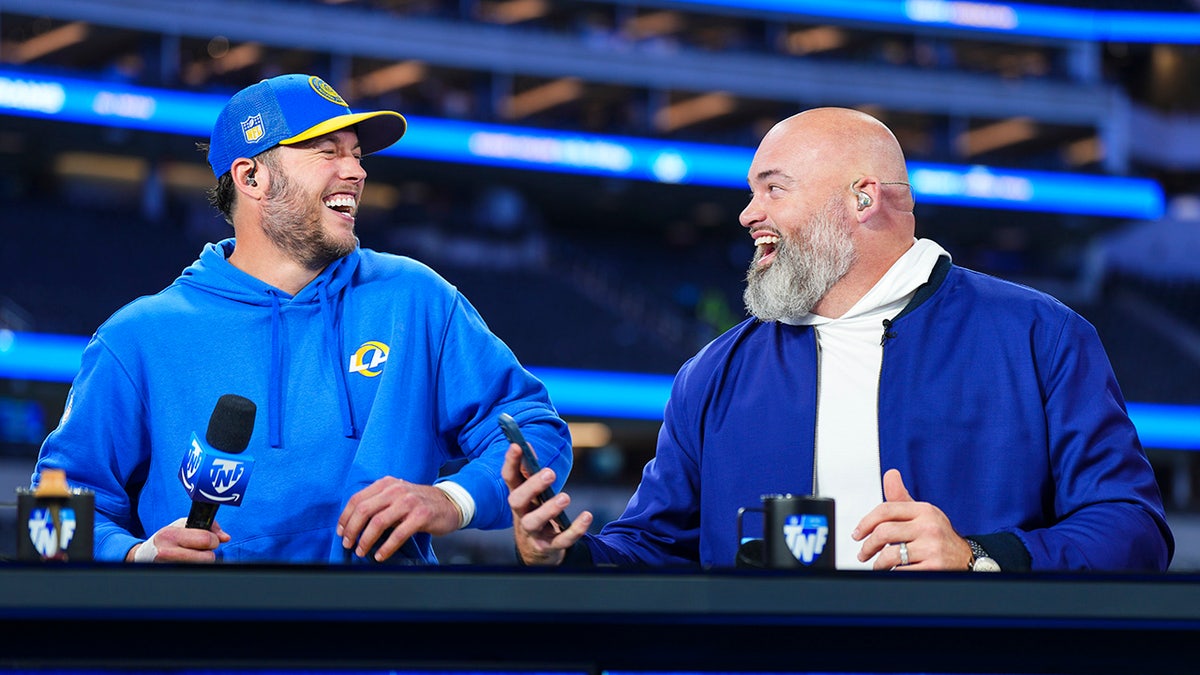 Matthew Stafford talks with Andrew Whitworth on set of Amazon Prime TNF postshow at SoFi Stadium