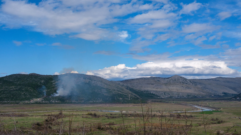 White smoke rising in the distant indicating the presence of a wildfire