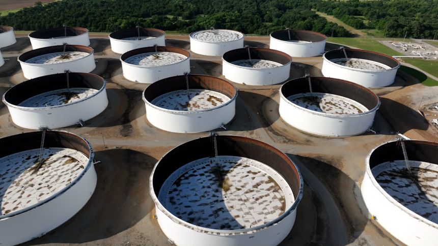 An aerial view shows a crude oil storage facility in Cushing, Oklahoma, on June 9.