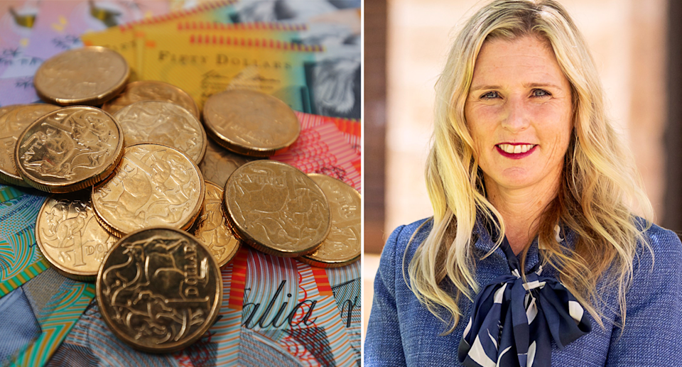 ASIC Commissioner Simone Constant pictured alongside a pile of Australian money.