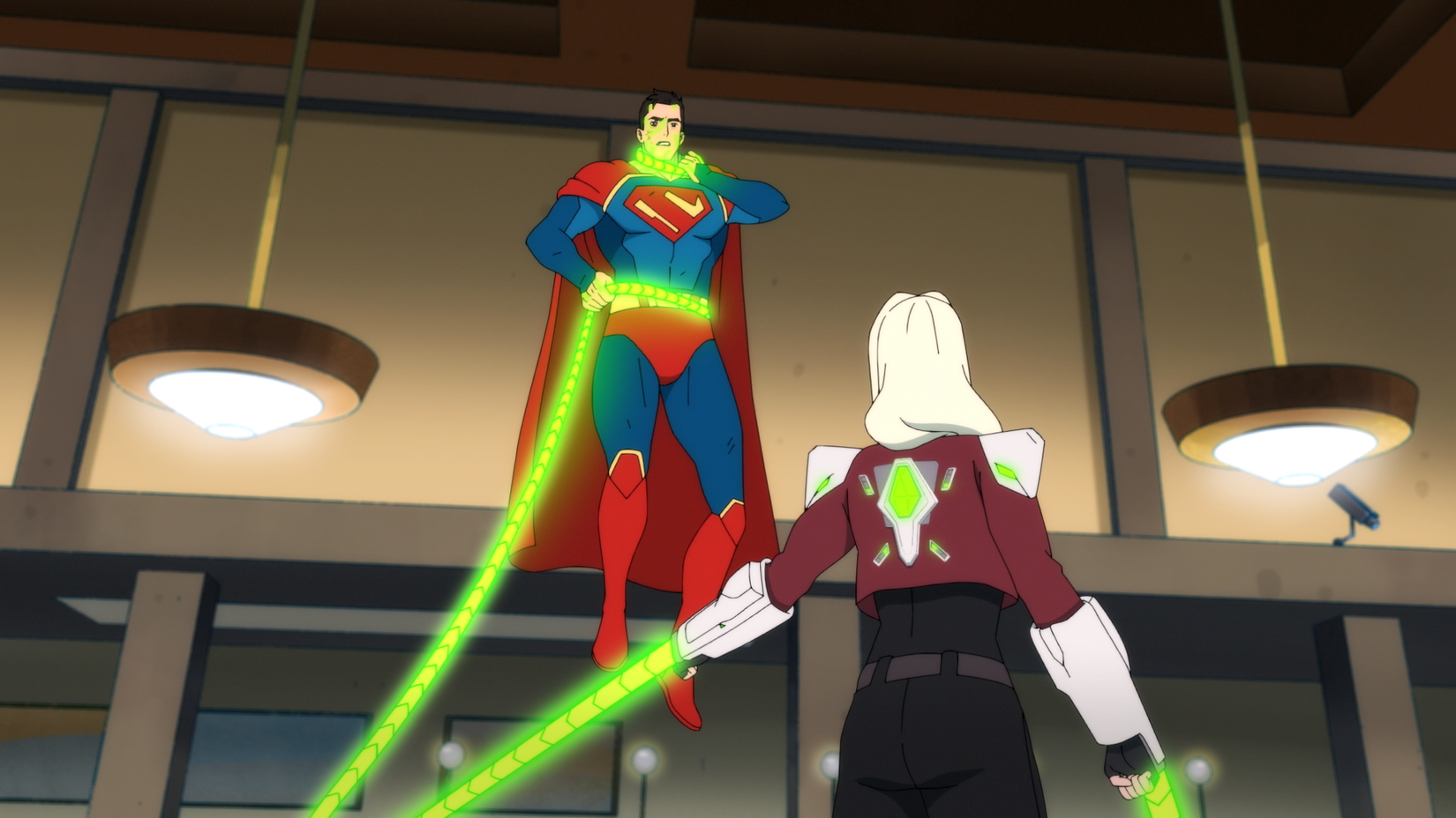 Superman is held by a bank robber's Kryptonite whip in My Adventures with Superman