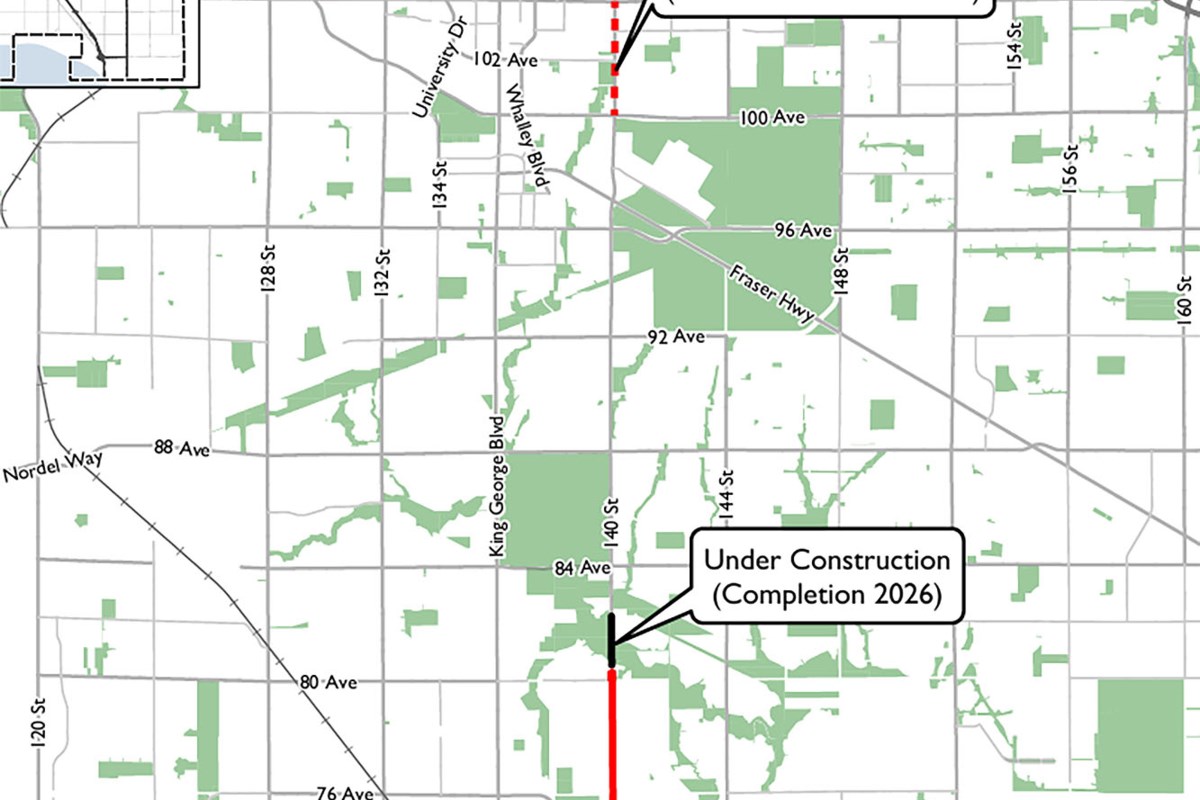 King George Boulevard widening adds third southbound lane between 72nd and 76th in Surrey