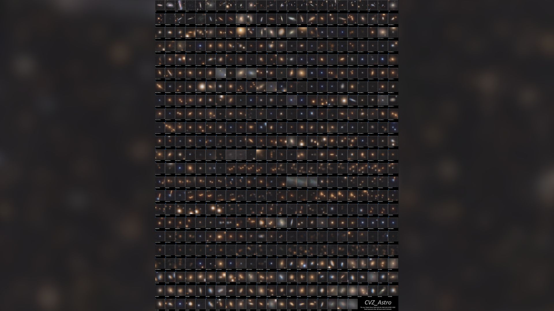A catalogue of galaxy images are pictured in a grid format, taken from a single larger image.