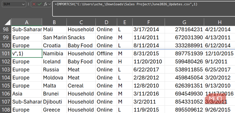 The IMPORTCSV function used in a formula on an Excel spreadsheet.