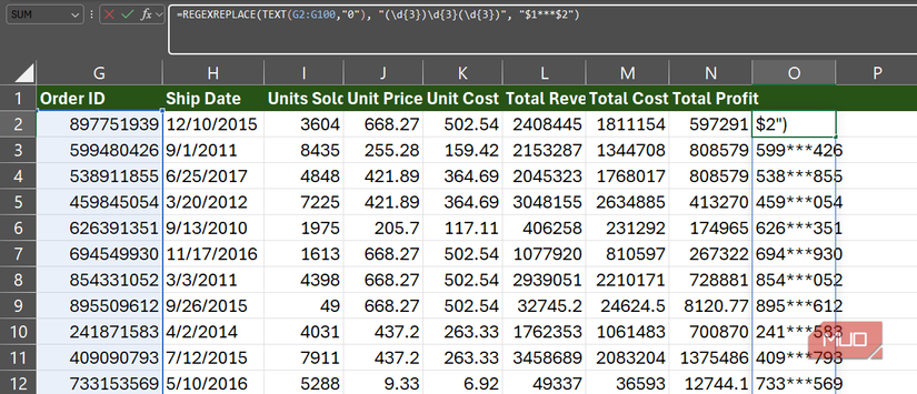 The REGEXREPLACE function used in a formula on an Excel spreadsheet.