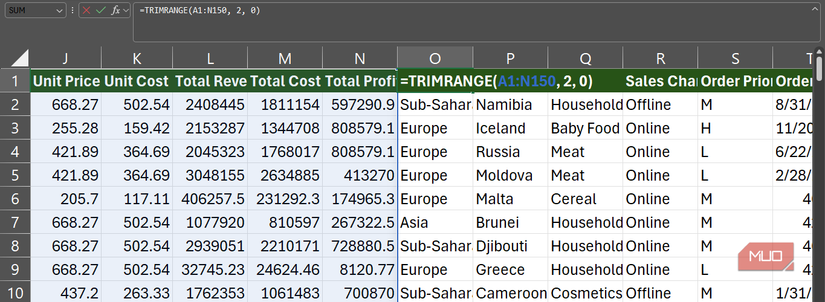 The TRIMRANGE function used in a formula on an Excel spreadsheet.