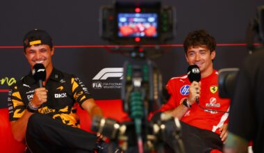 Lando Norris of Great Britain and McLaren and Charles Leclerc of Monaco and Scuderia Ferrari speak in the Drivers Press Conference during previews ahead of the F1 Grand Prix of Monaco at Circuit de Monaco on June 04, 2026 in Monte-Carlo, Monaco. (Photo by Joe Portlock/Getty Images for McLaren)