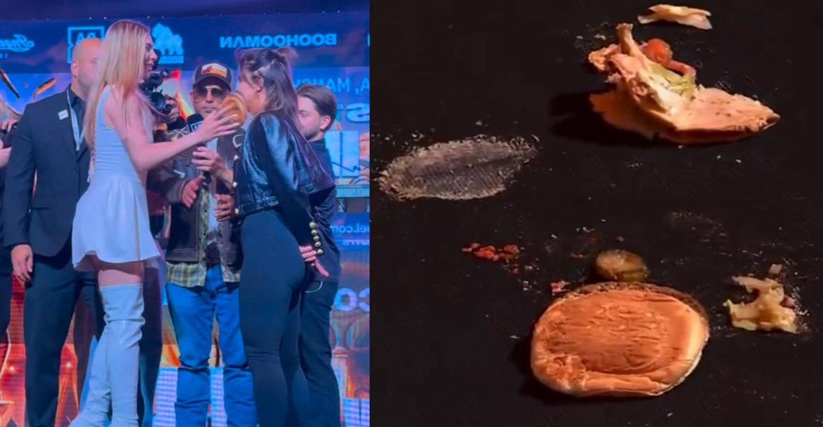 Video: Misfits Boxer gets Power Slapped with juicy hamburger during Fury-Hall face offs, chaos ensues
