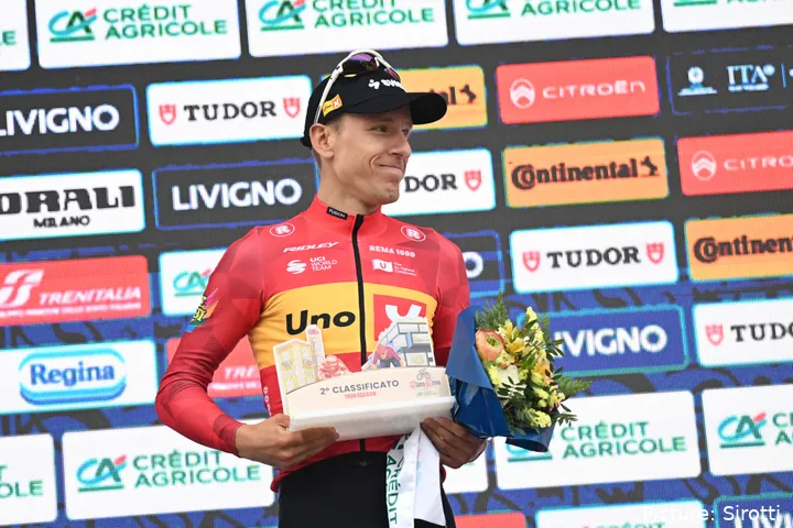 Tobias Johannessen on the final podium of Milano-Torino 2026