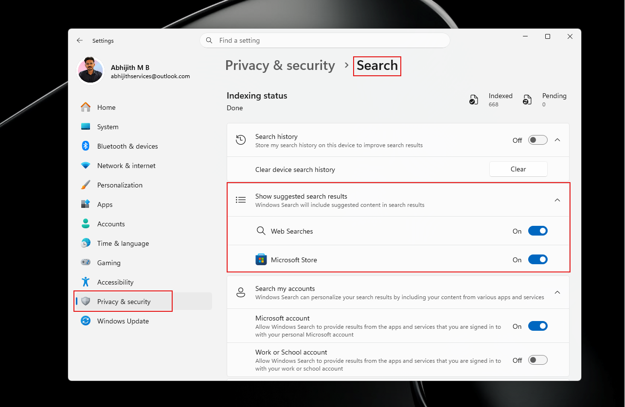 toggle to turn off web searches and Microsoft Store searches in Windows Search