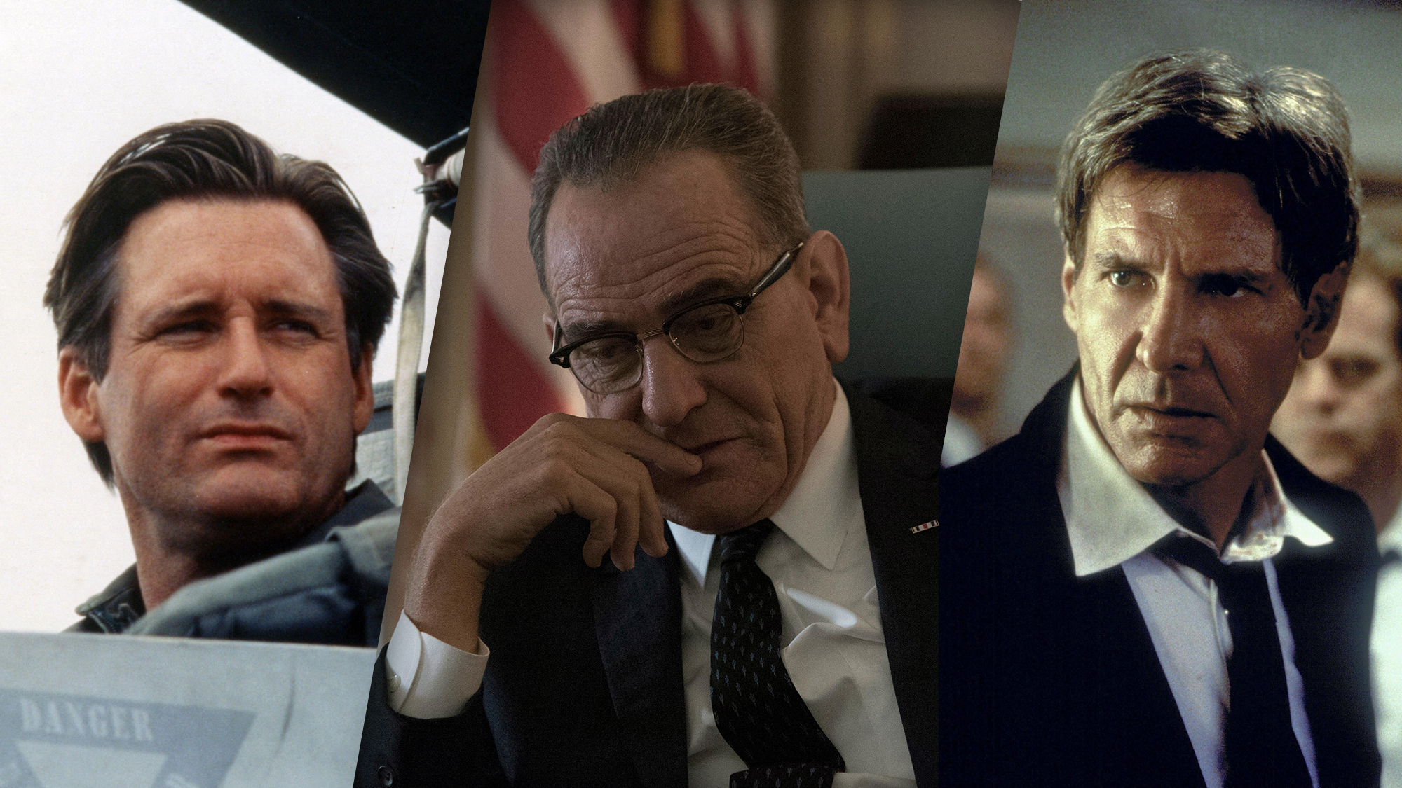 (From L to R) Bill Pullman as President Thomas Whitmore in Independence Day; Bryan Cranston as President Lyndon B. Johnson; and Harrison Ford as President James Marshall in Air Force One.
