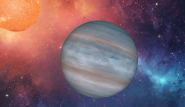 A Jupiter-looking world against a cosmic background. An orange star is seen toward the left.